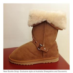 Made with pure Merino sheepskin, styled with a buckle strap feature. Hand-crafted by Australia Sheepskins and Souvenirs in Melbourne, Australia.
